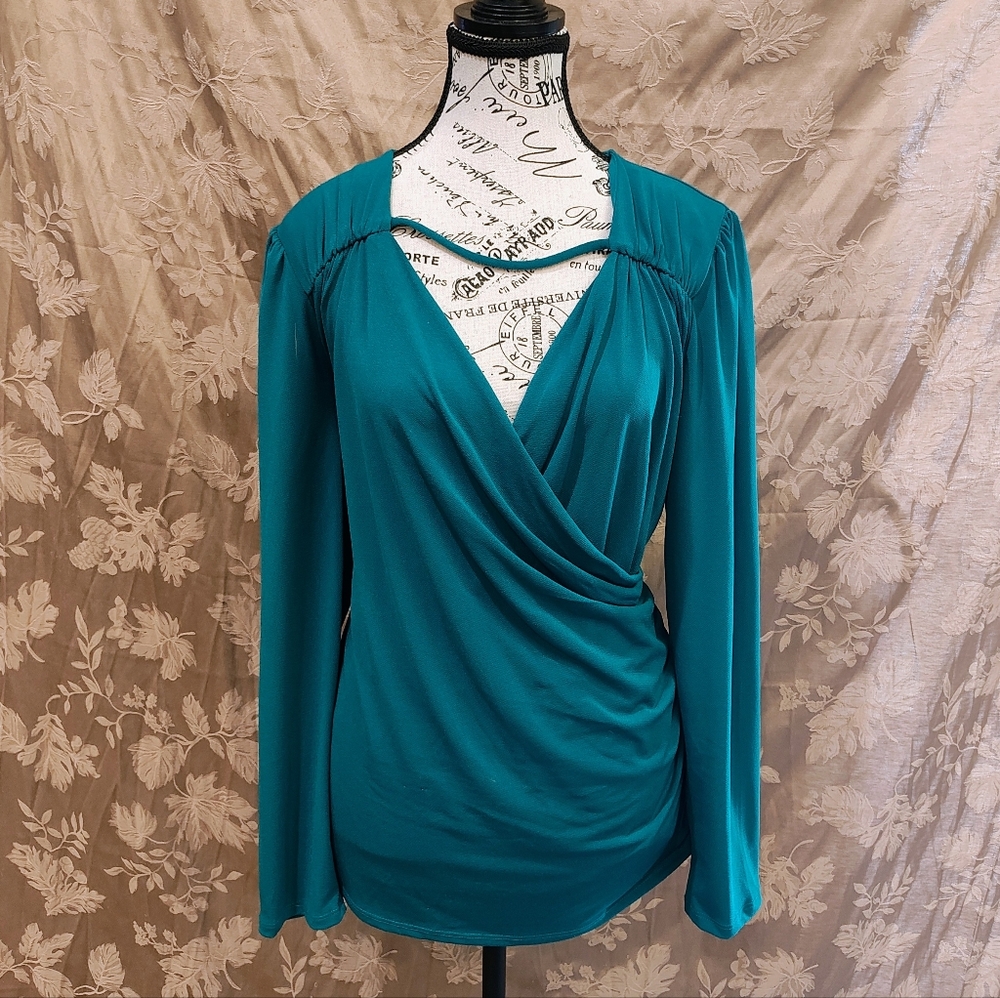 BOLD Elements Cut To Curve Teal Wrap Blouse, XXL, Like New